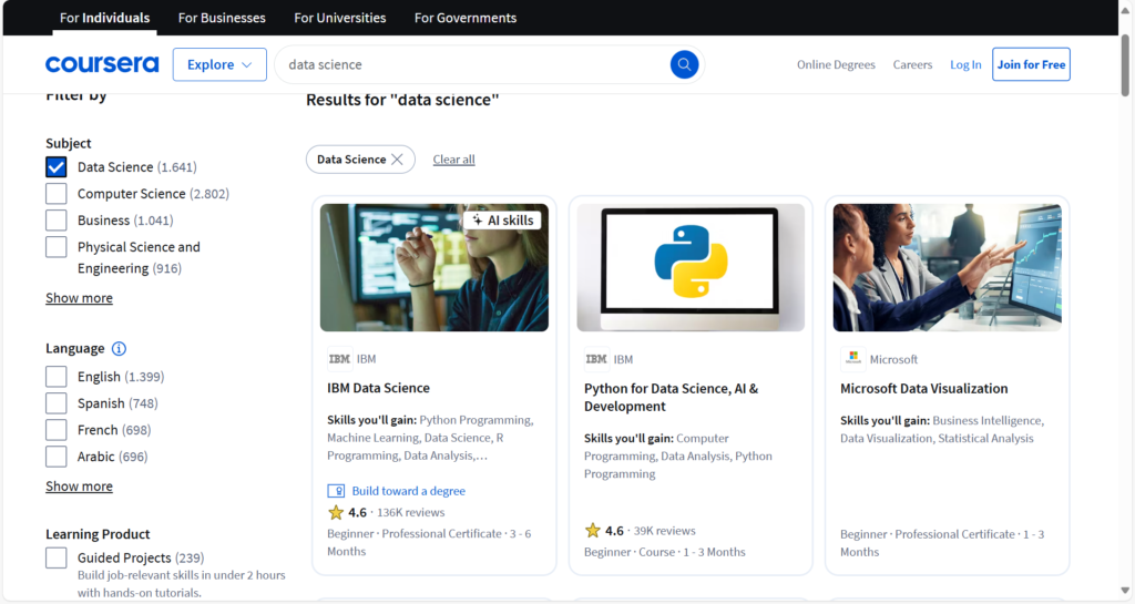 Coursera - Data Science as a platform for learning AI online in Data Science & Data Analysis