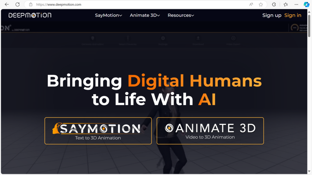 DeepMotion front page as an AI tool to have an AI job as a stock maker